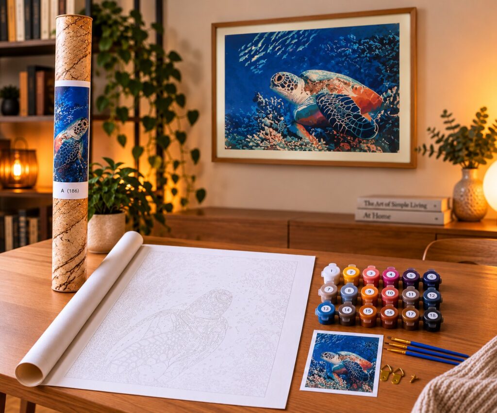 Paint by numbers malesæt med havskildpadde over farverigt koralrev
