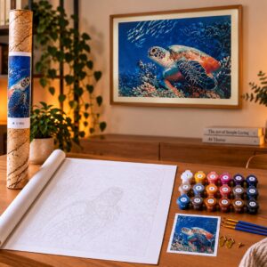 Paint by numbers malesæt med havskildpadde over farverigt koralrev