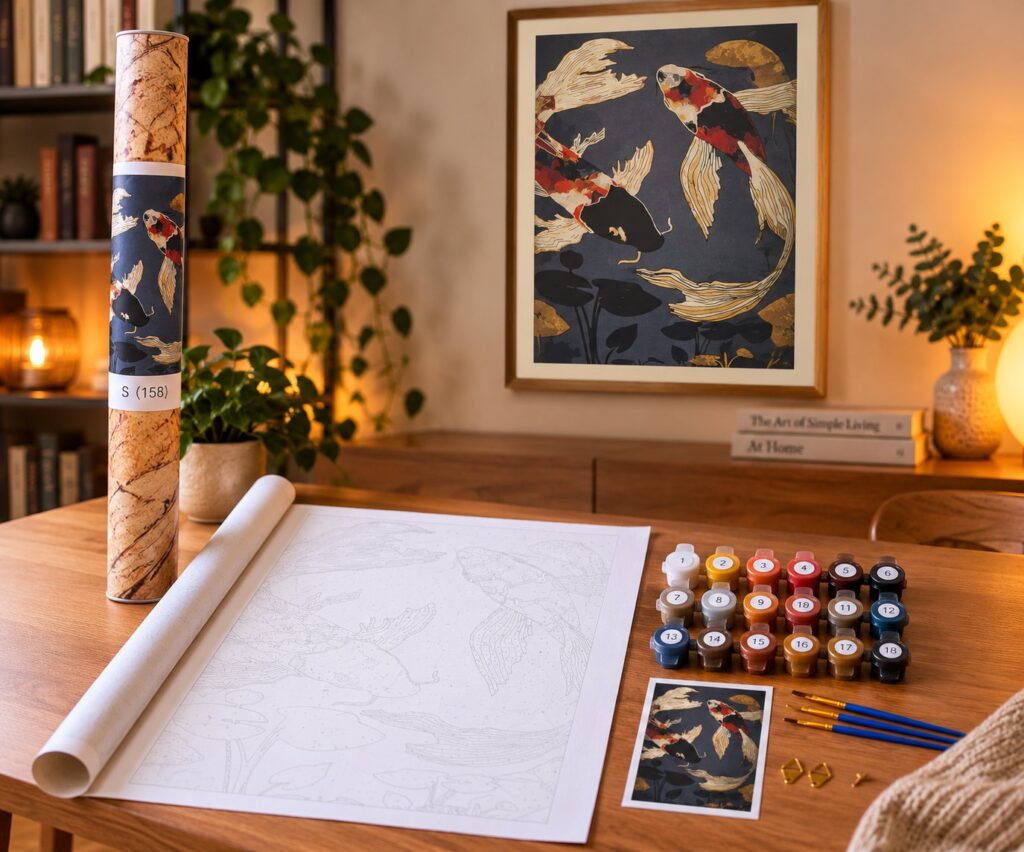 Paint by numbers malesæt med to koi-fisk i rødt, sort og guld