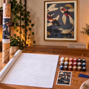 Paint by numbers malesæt med to koi-fisk i rødt, sort og guld