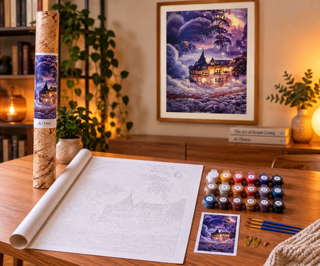 Paint by numbers malesæt med eventyrslot i lilla skyer og hvid hjort