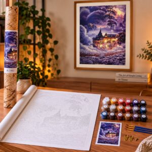 Paint by numbers malesæt med eventyrslot i lilla skyer og hvid hjort