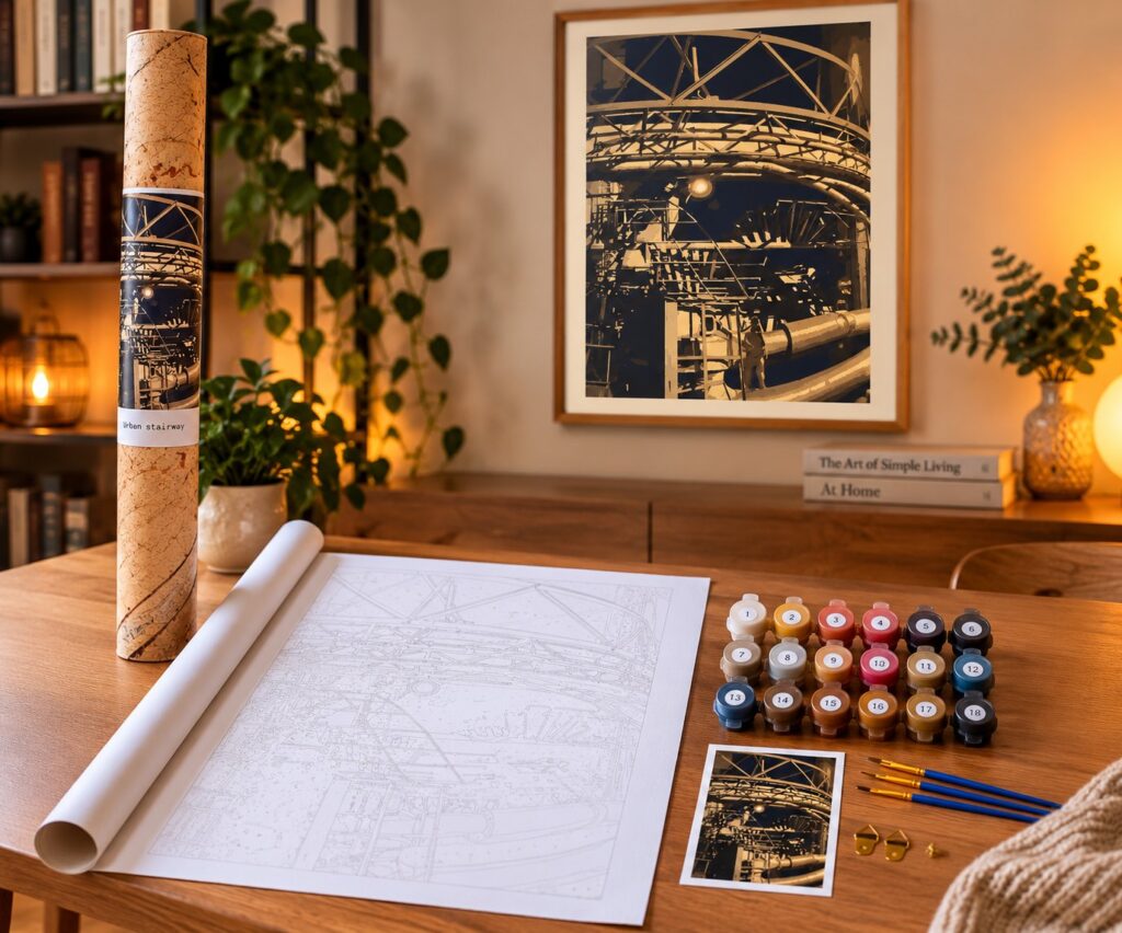 Paint by numbers malesæt med industriel ståltrappe i blå og gyldne nattefarver