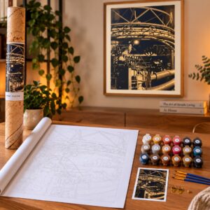 Paint by numbers malesæt med industriel ståltrappe i blå og gyldne nattefarver