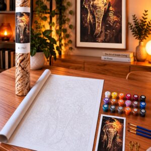 Paint by Numbers malesæt med elefant i flammer: nummereret lærred, 18 malingsbægre, pensler og det færdige billede i ramme