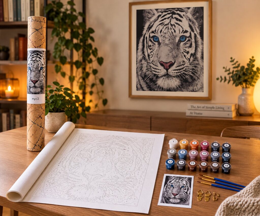 Paint by Numbers malesæt med hvid tiger: nummereret lærred, 18 malingsbægre, pensler og det færdige billede i ramme