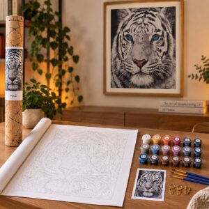 Paint by Numbers malesæt med hvid tiger: nummereret lærred, 18 malingsbægre, pensler og det færdige billede i ramme