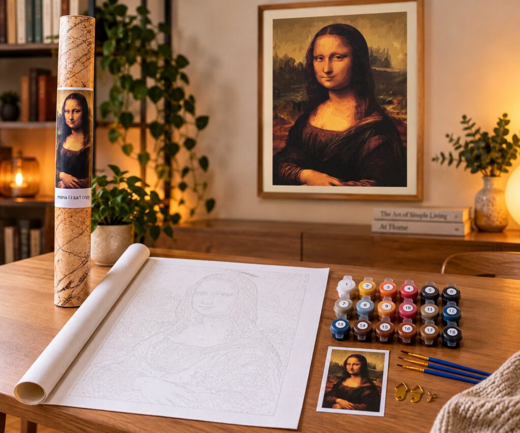 Paint by Numbers malesæt med Mona Lisa: nummereret lærred, 18 malingsbægre, pensler og det færdige billede i ramme