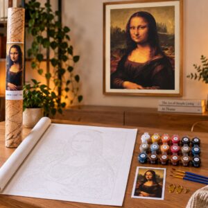 Paint by Numbers malesæt med Mona Lisa: nummereret lærred, 18 malingsbægre, pensler og det færdige billede i ramme