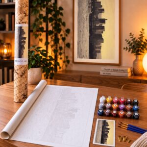 Paint by Numbers malesæt med New York skyline: nummereret lærred, 18 malingsbægre, pensler og det færdige billede i ramme