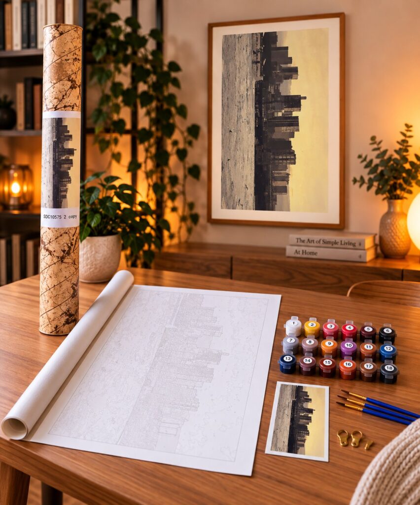 Paint by Numbers malesæt med New York skyline: nummereret lærred, 18 malingsbægre, pensler og det færdige billede i ramme
